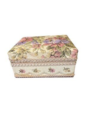Vintage Sankyo Tapestry Floral Fabric Trinket Box Music Jewelry Box